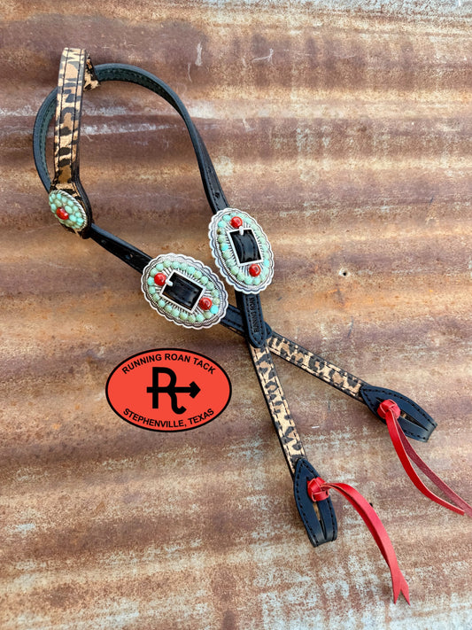 Black Leopard Headstall with Quick Change Pineapple Knots and Turquoise and Coral Hardware 36”-43” Headstall09072026-05