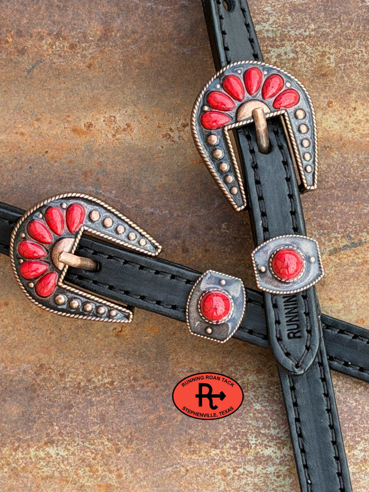 Black Short Cheek Single Ear Headstall with Red Quick Change Pineapple Knots and Red Cabochon Hardware 29”-37” Headstall10052026-15