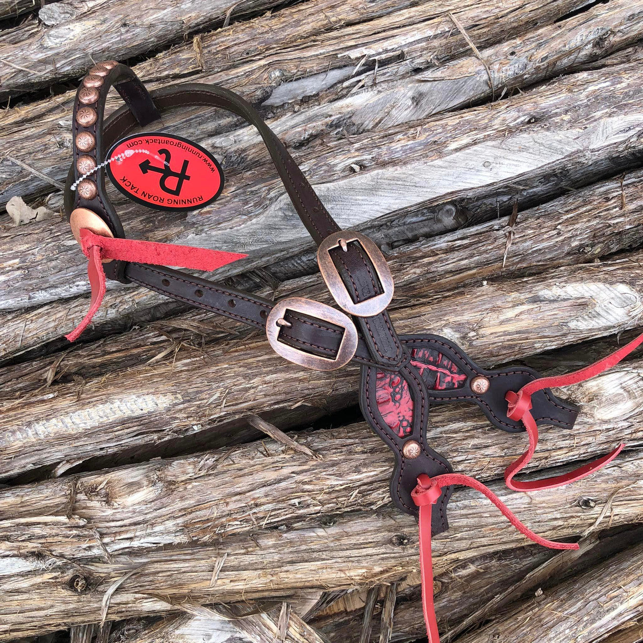 Red Croc Single Ear Short Cheek Headstall with Slotted Conchos and Red Ties