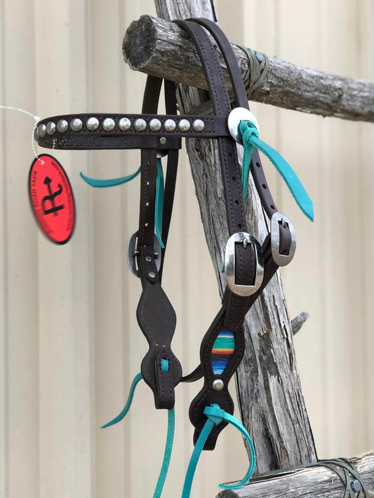 Serape Browband Short Cheek Headstall with Slotted Conchos and Turquoise Ties