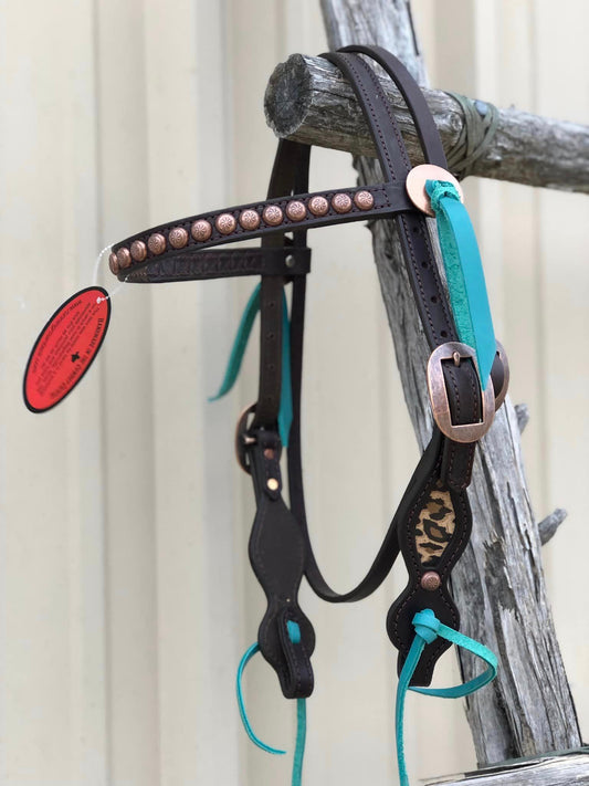 Leopard Browband Short Cheek Headstall with Slotted Conchos and Turquoise Ties