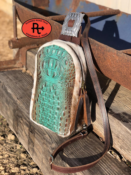 Cibolo Cross Body Slingbag in Turquoise and Brown Croc