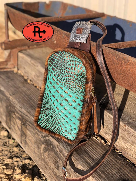 Cibolo Cross Body Slingbag in Turquoise Croc with Metallic Copper Tips