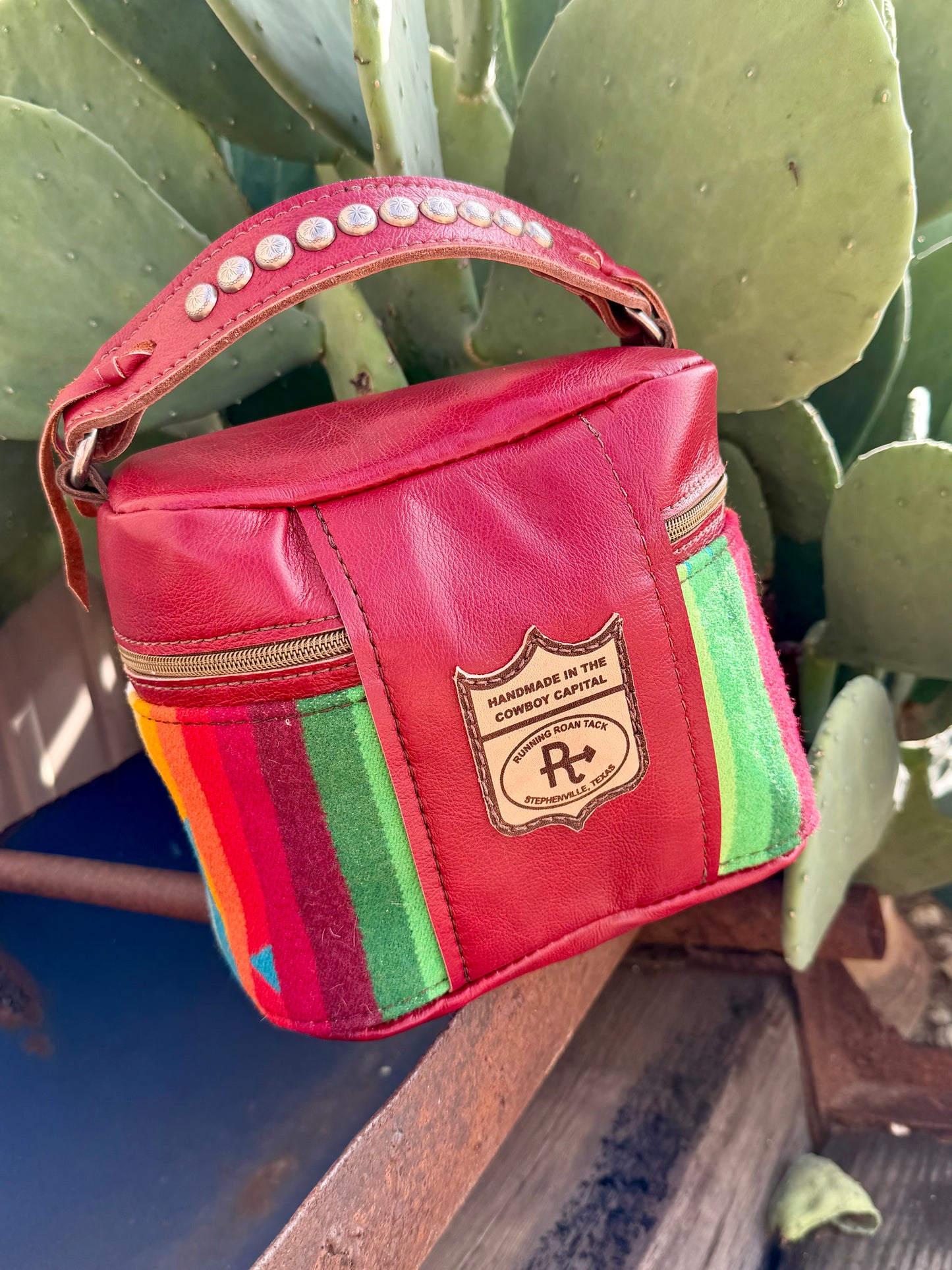 Scarlet Red Leather with Overall Turquoise Wool Train Case for Makeup, Toiletries, etc traincase07062026-12