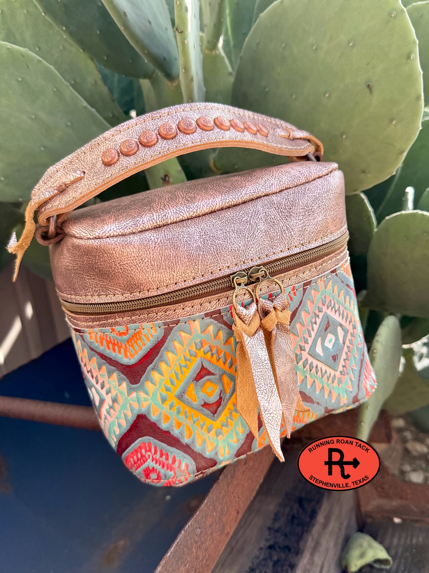 Metallic Copper Leather with Colorful Southwest Train Case for Makeup, Toiletries, etc traincase07062026-27
