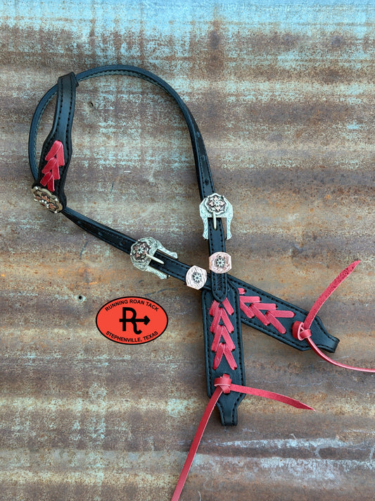 Black Short Cheek Headstall with Red Lacing and German Silver Ruby Hardware 29”-37” Headstall10052026-09