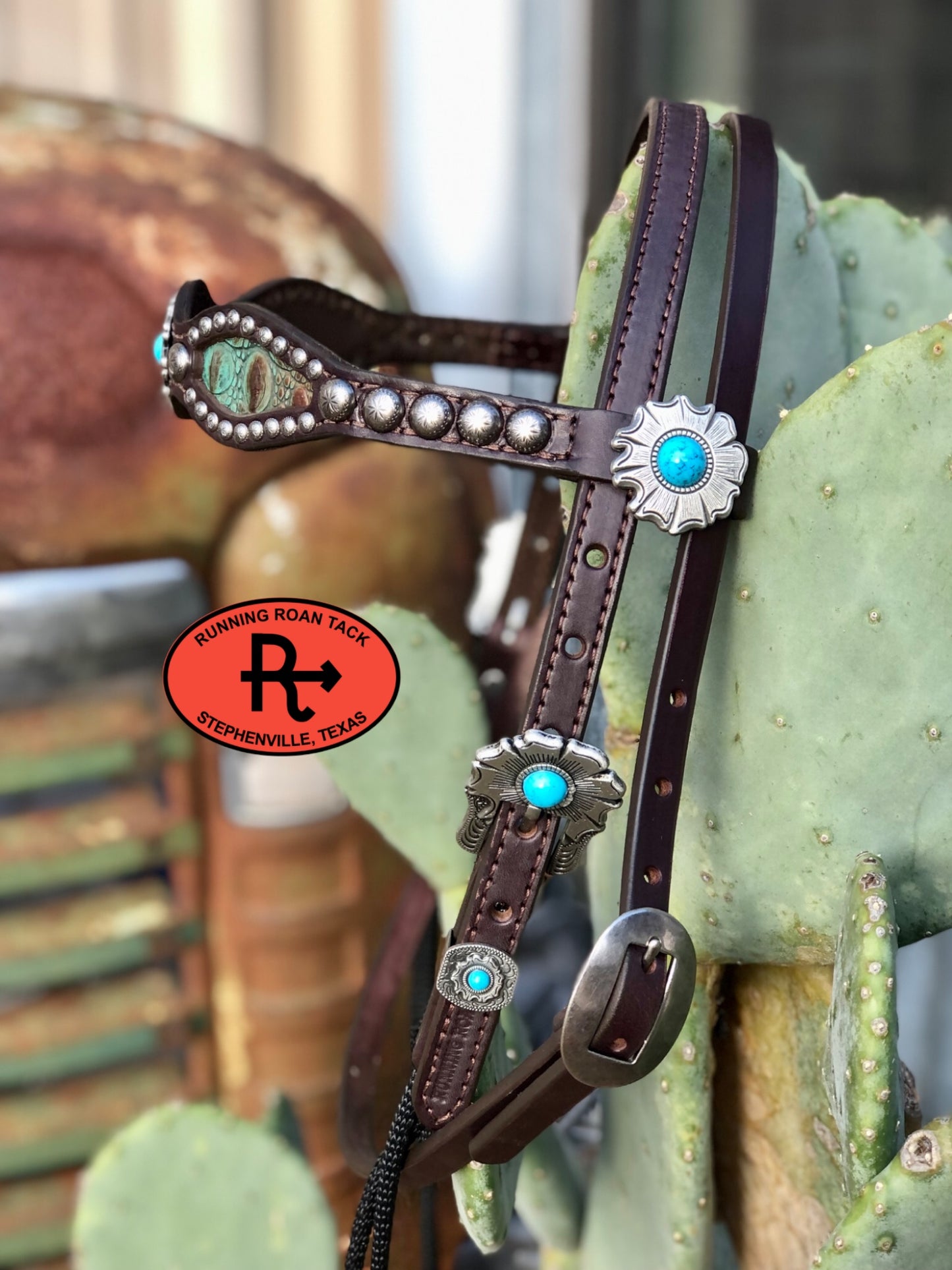 Brown/Turquoise Croc Inlaid Browband Draw Gag Bit Headstall with Floral Hardware HeadstallDG11032025-03