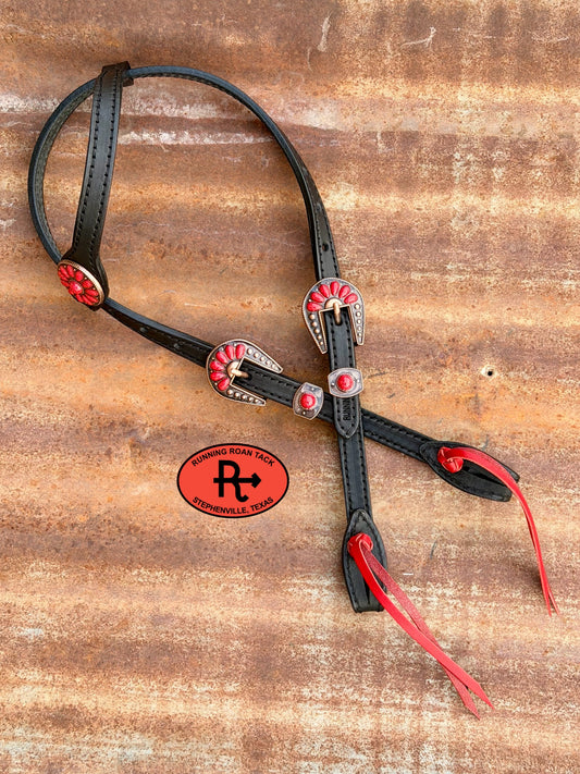 Black Short Cheek Single Ear Headstall with Red Quick Change Pineapple Knots and Red Cabochon Hardware 29”-37” Headstall10052026-15