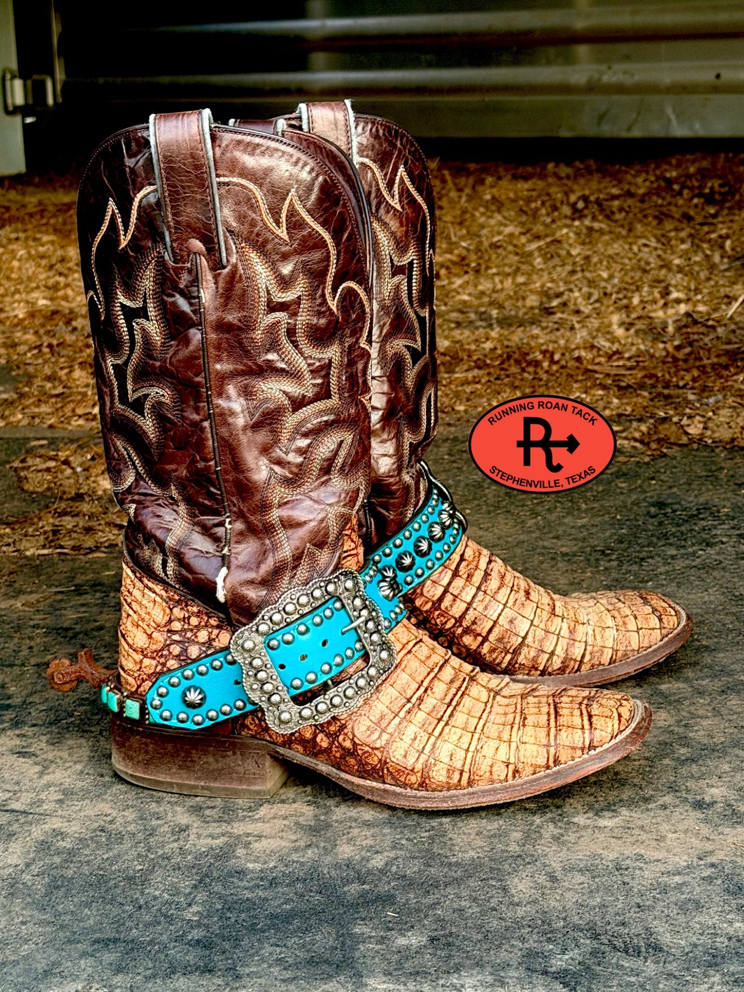 Turquoise Studded Belt Style Spur Straps with Antique Silver Buckles spurstraps08032026-22