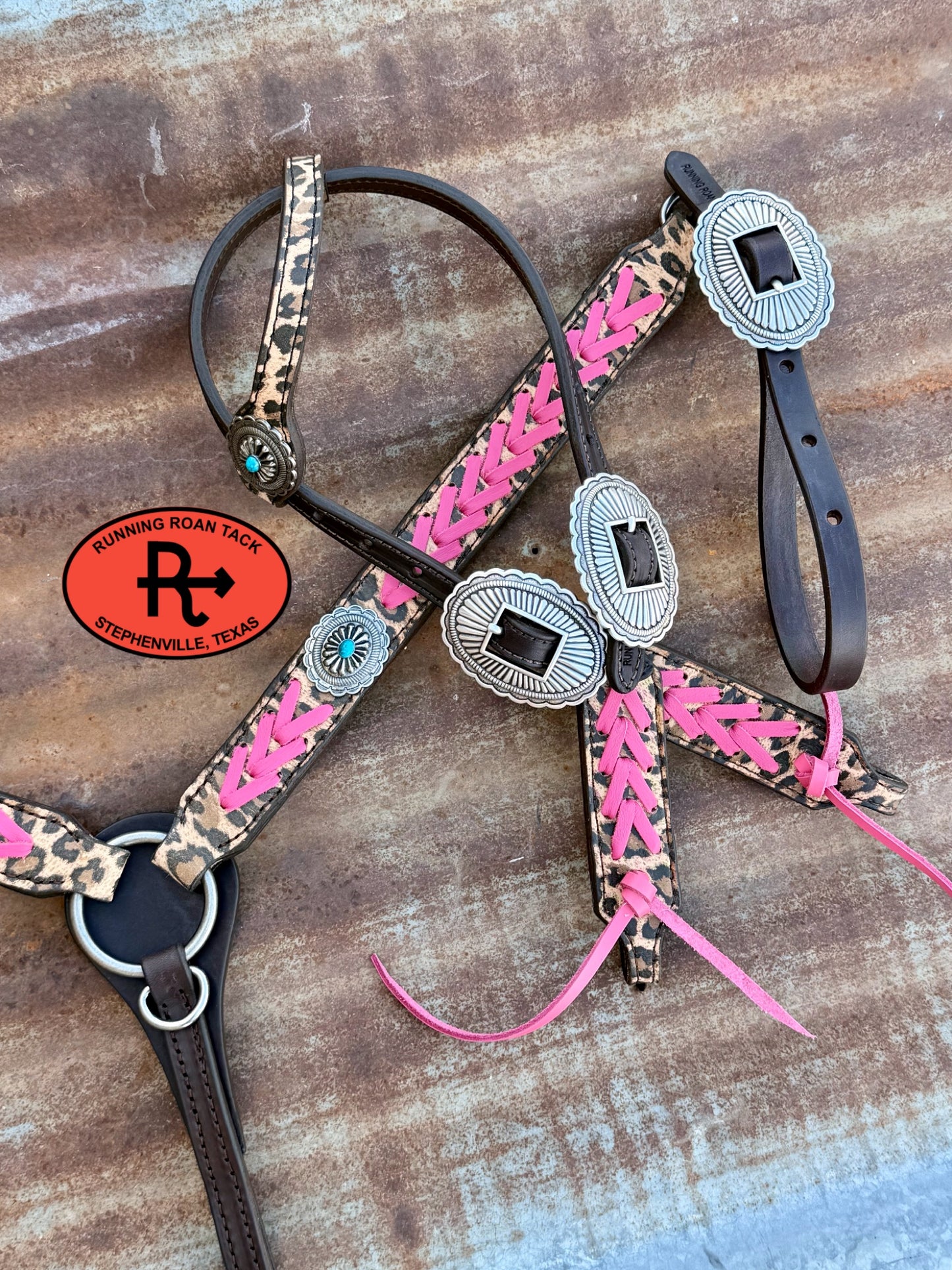 Leopard Tack Set with Pink Lacing and Southwest Hardware *Buy one piece or both pieces* Set09072026-03
