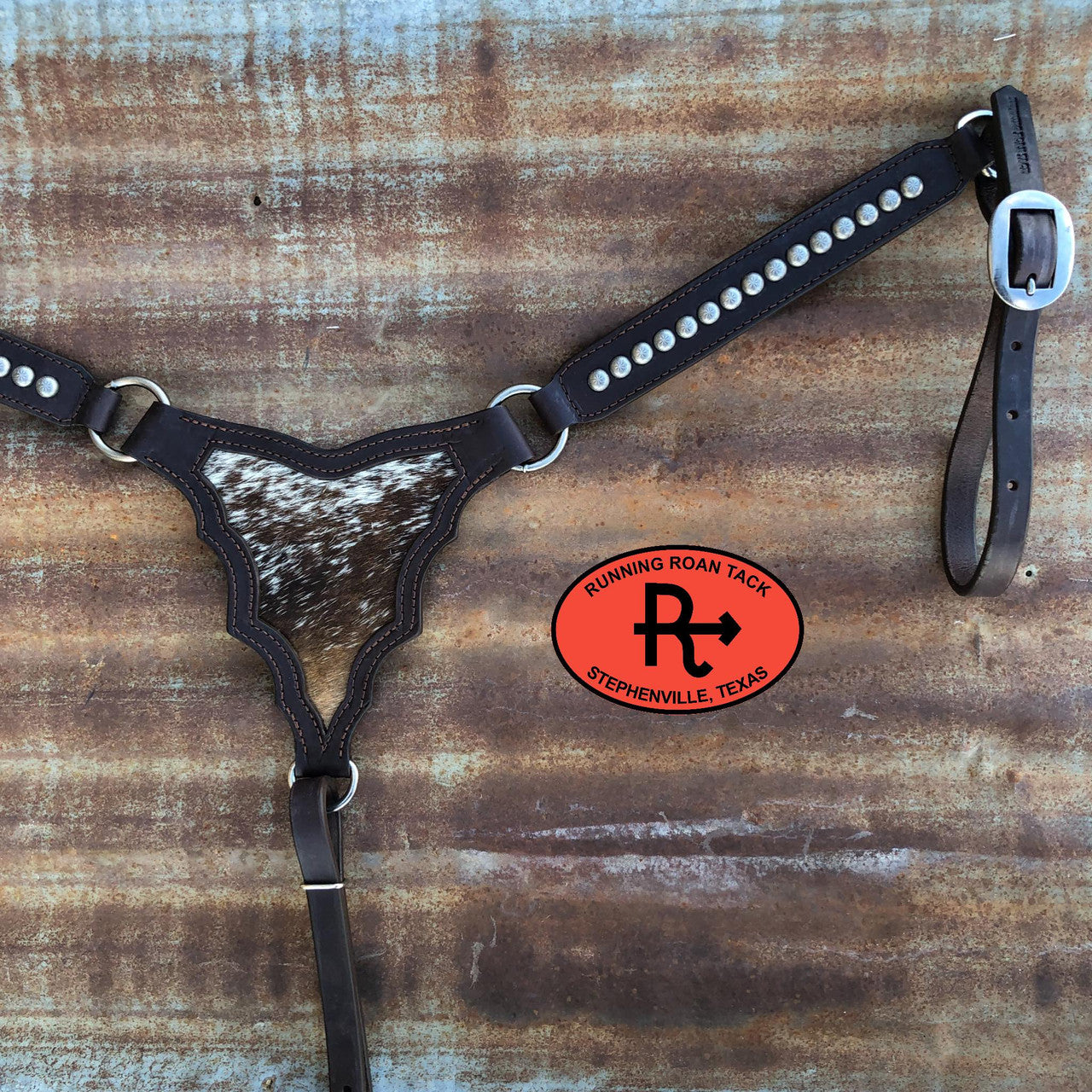 Palomo Breast Collar with Inlaid Hair On Cowhide and Antique Silver Dots