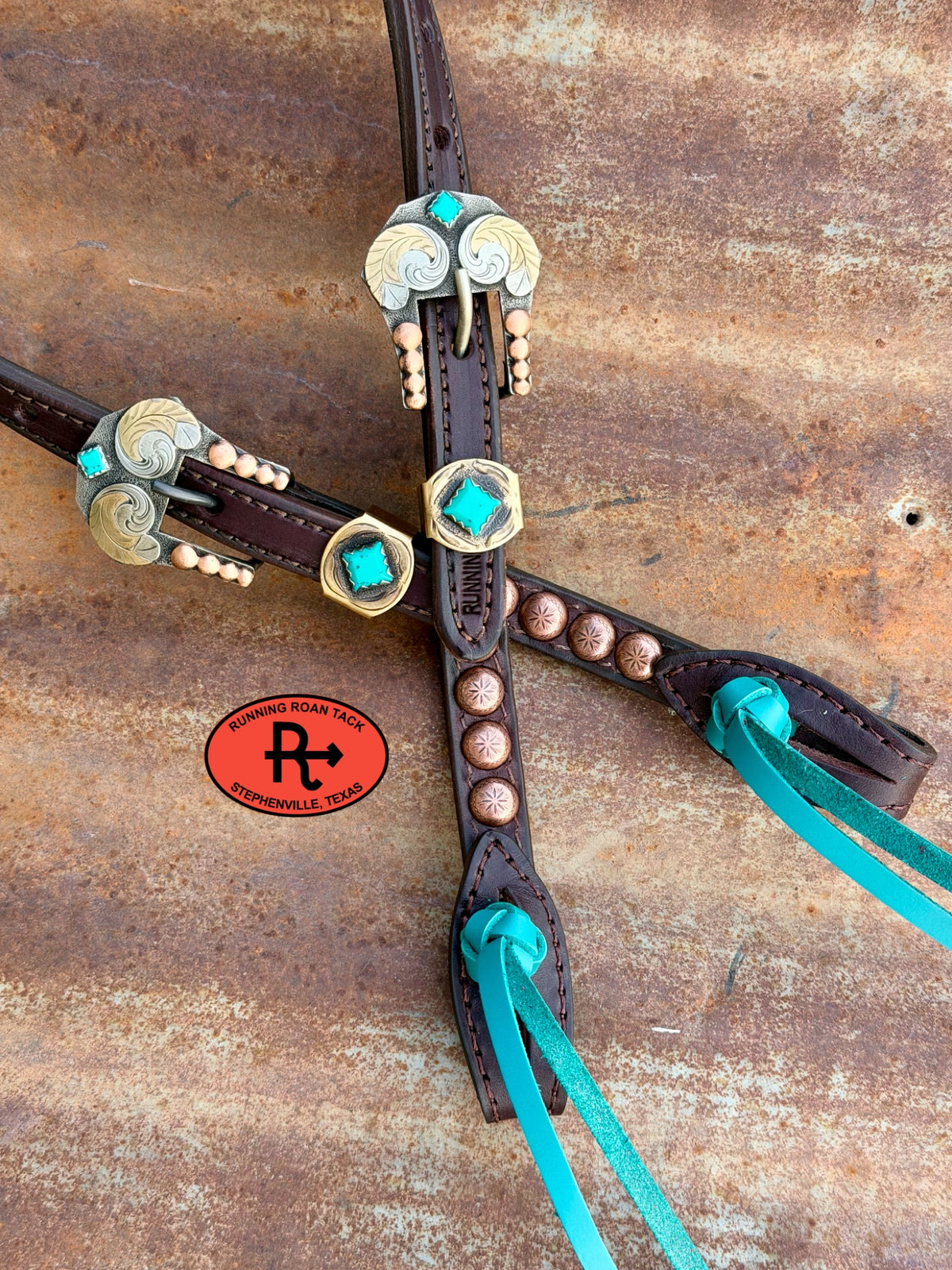 Chocolate Short Cheek Single Ear Headstall with Turquoise Quick Change Pineapple Knots and German Silver Feather Hardware 29”-37” Headstall10052026-17