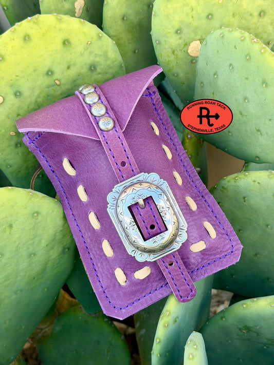 Purple Leather Mini Saddle Bag with Off White Pop Stitch and Antique Silver Buckle for Phone, Keys, Roping Powder, etc Minibag09072026-18