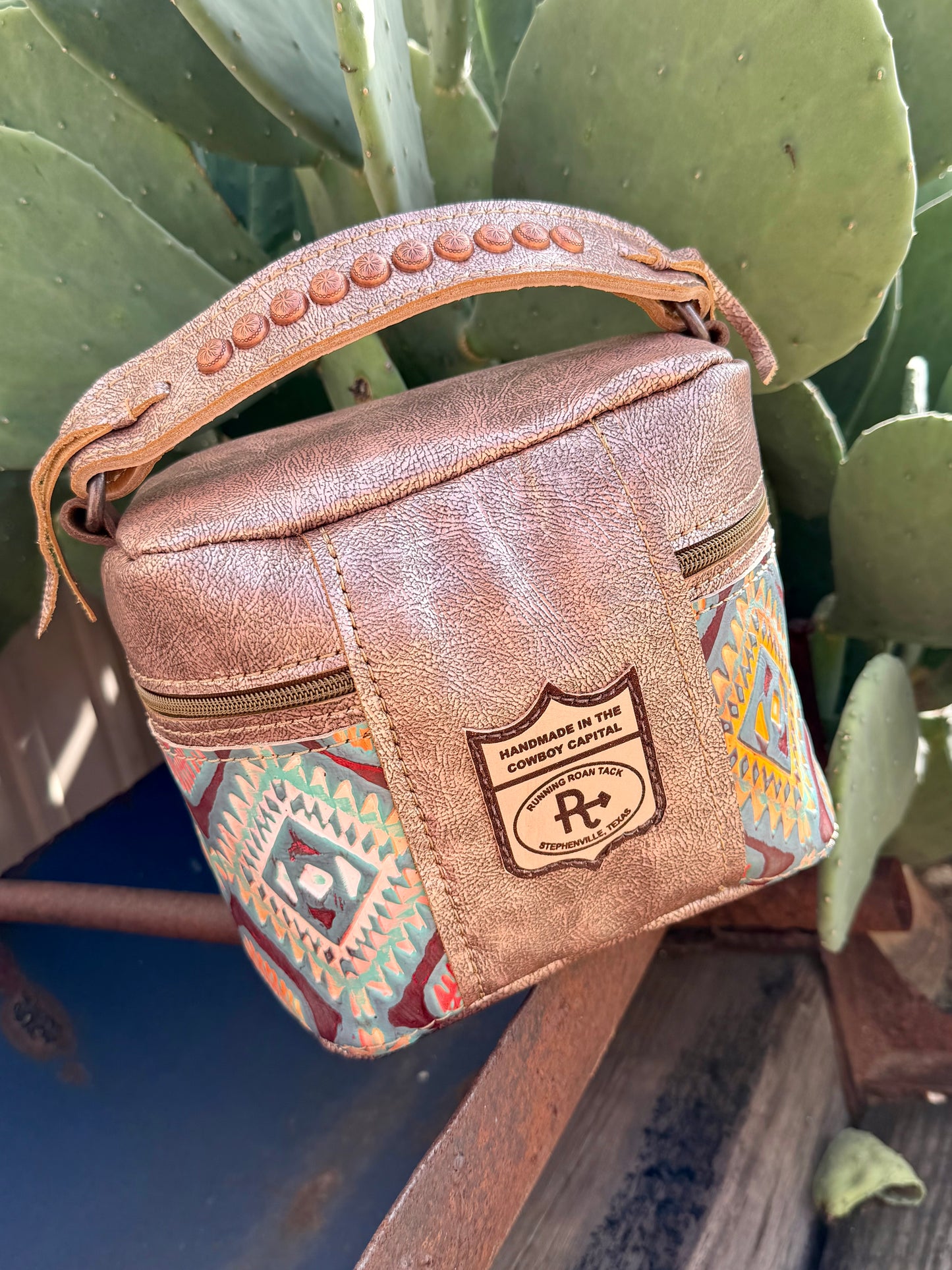Metallic Copper Leather with Colorful Southwest Train Case for Makeup, Toiletries, etc traincase07062026-27