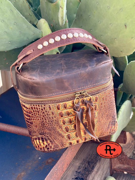 Train Case in Brown Leather with Tan Croc for Makeup, Toiletries, etc traincase07062026-03