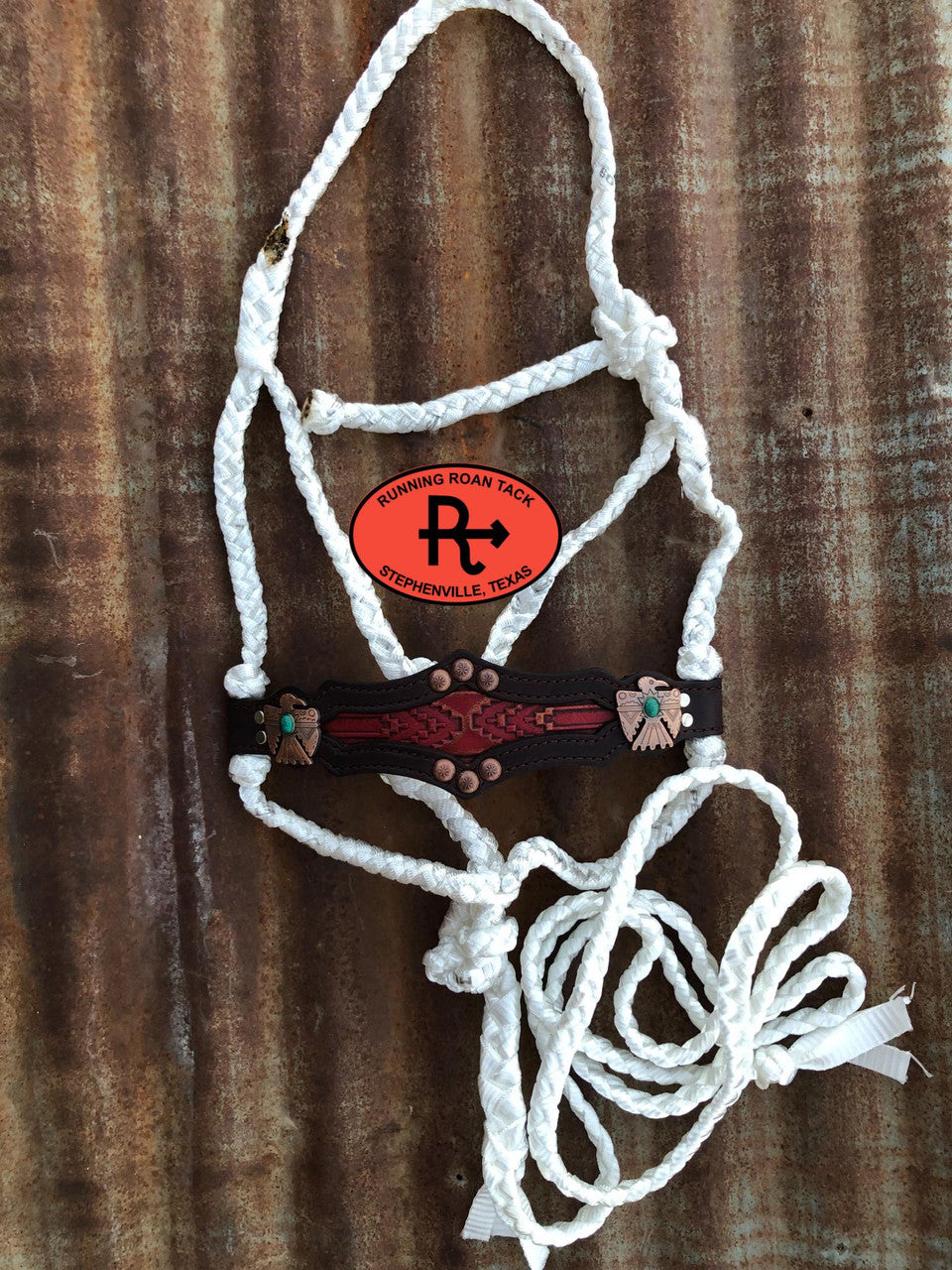 White Mule Tape Halter with Copper Tipped Red Aztec and Lead
