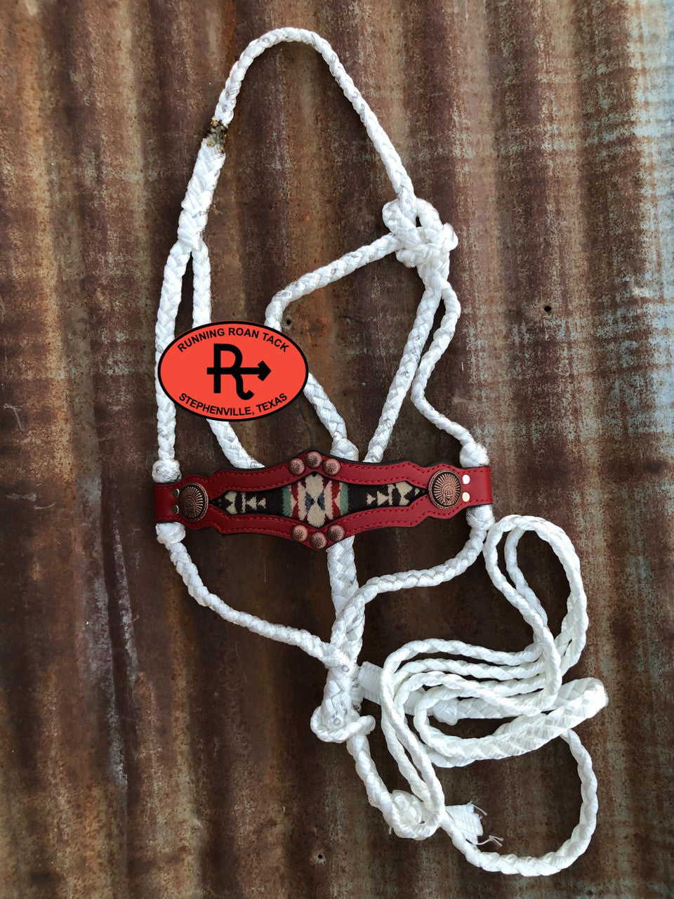 White Mule Tape Halter with Red Leather Nose with Inlaid Wool and Lead