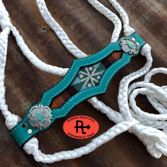 White Mule Tape Halter with Turquoise Leather Nose with Inlaid Wool and Lead 3