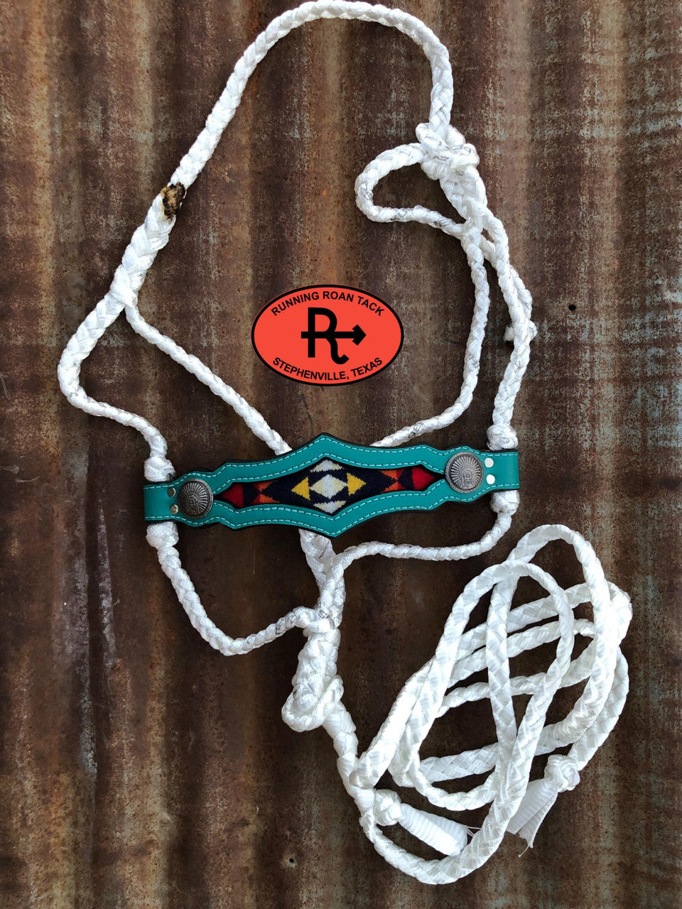 White Mule Tape Halter with Turquoise Leather Nose with Inlaid Wool and Lead 2