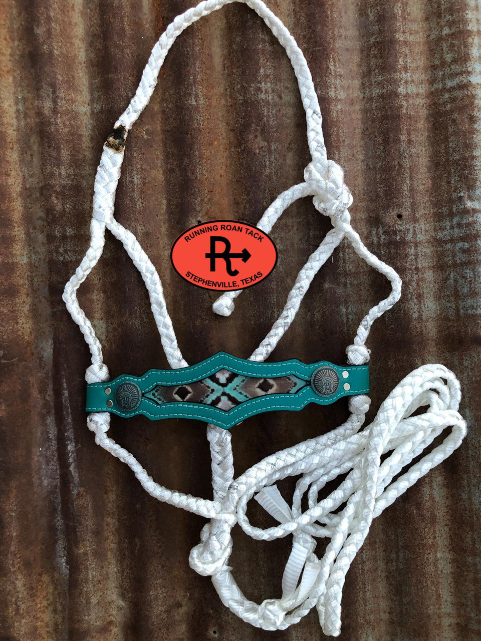 White Mule Tape Halter with Turquoise Leather Nose with Aztec and Lead