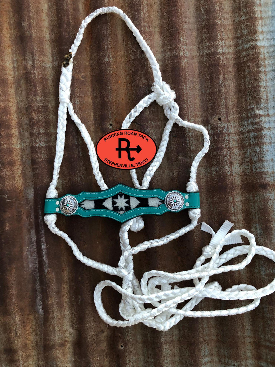 White Mule Tape Halter with Turquoise Leather Nose with Inlaid Wool and Lead 4