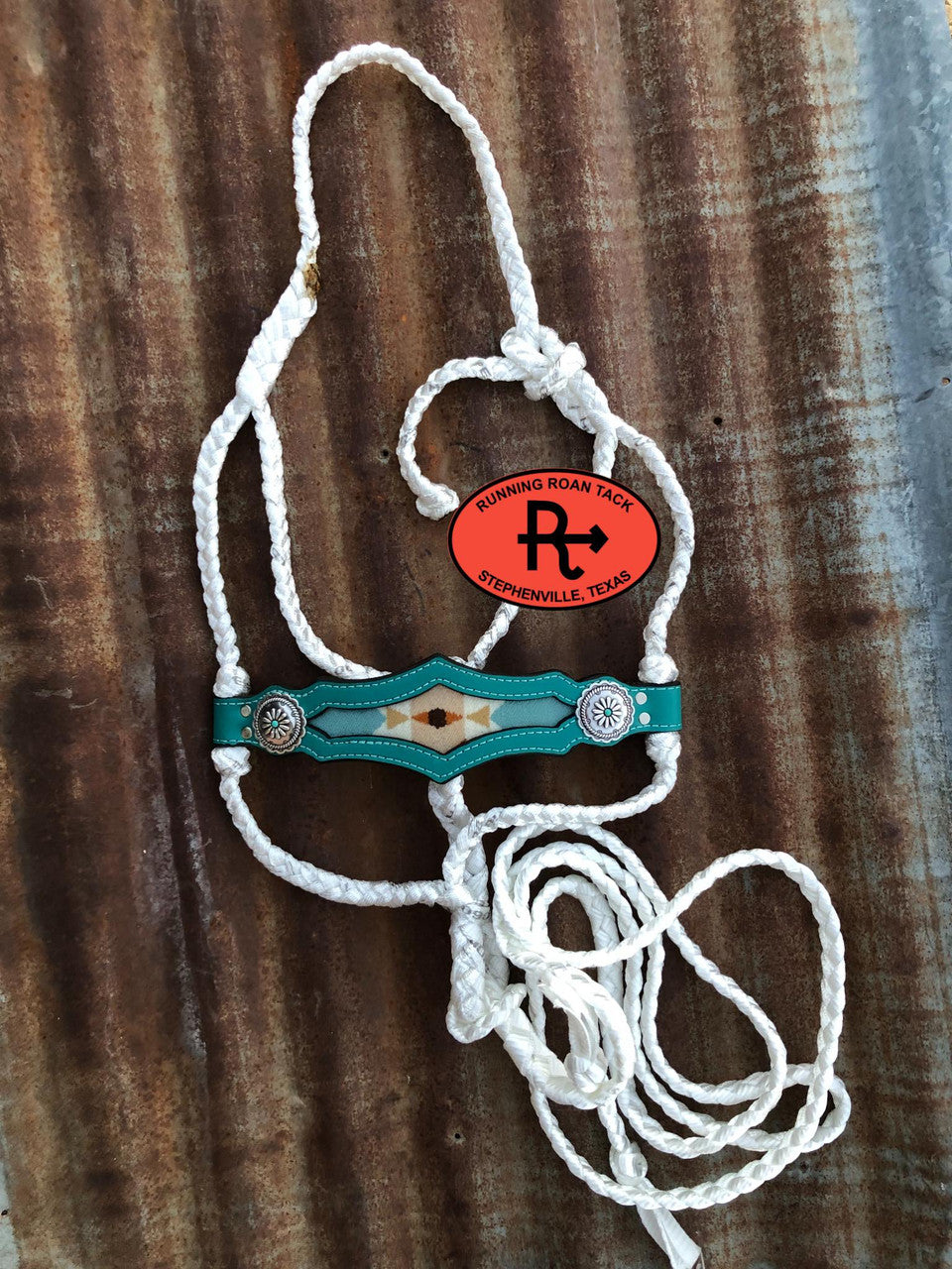 White Mule Tape Halter with Turquoise Leather Nose with Inlaid Wool and Lead