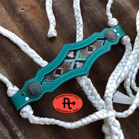 White Mule Tape Halter with Turquoise Leather Nose with Aztec and Lead