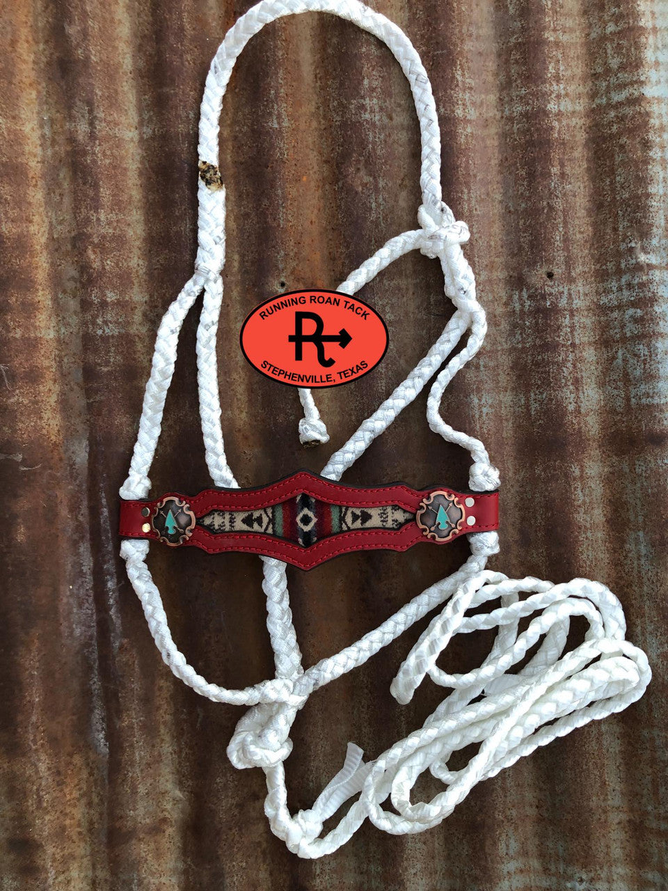 White Mule Tape Halter with Red Leather Nose with Inlaid Wool and Lead 2