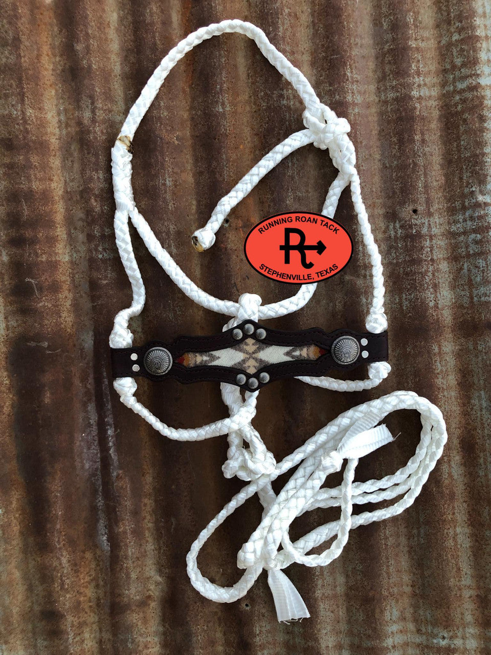White Mule Tape Halter with Chocolate Leather Nose with Inlaid Wool and Lead 7