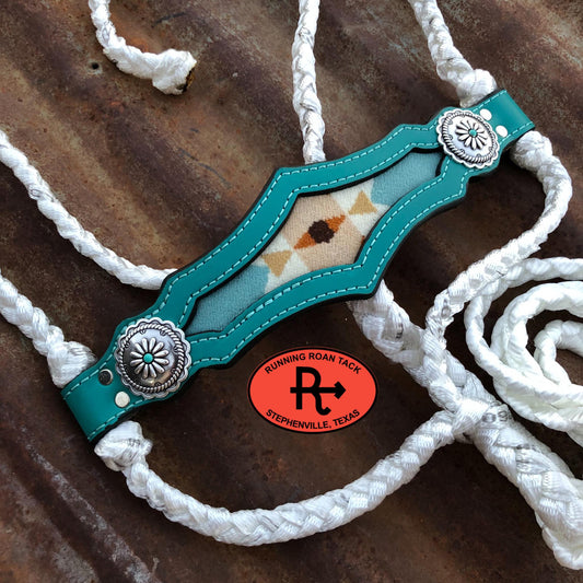 White Mule Tape Halter with Turquoise Leather Nose with Inlaid Wool and Lead