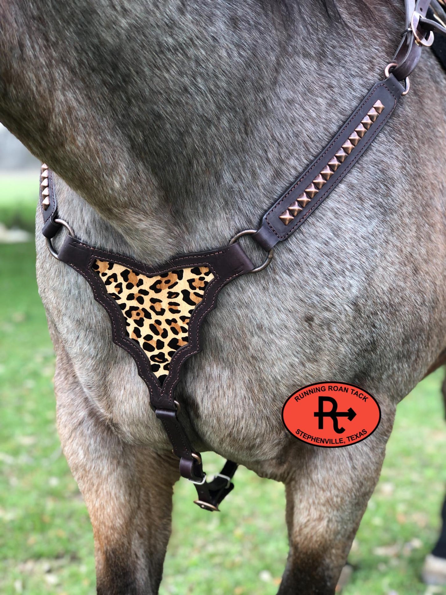 Palomo Breast Collar with Leopard Cowhide and Copper Pyramid Dots