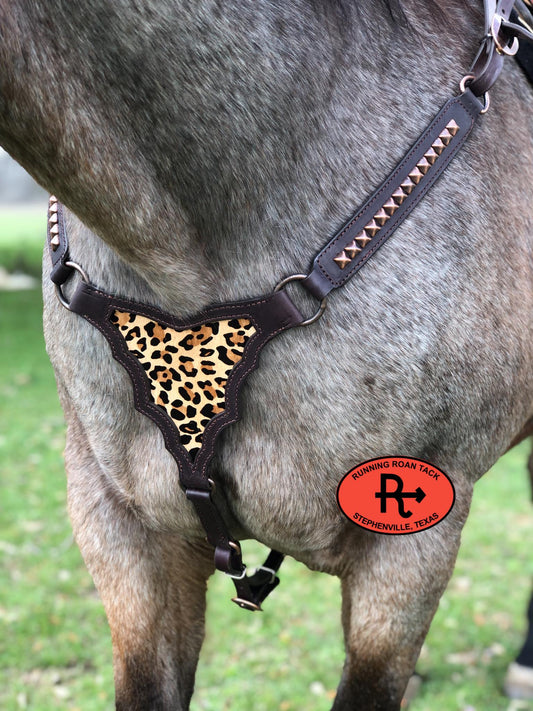 Palomo Breast Collar with Leopard Cowhide and Copper Pyramid Dots