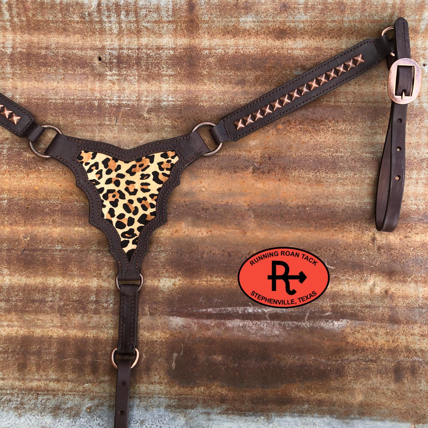 Palomo Breast Collar with Leopard Cowhide and Copper Pyramid Dots