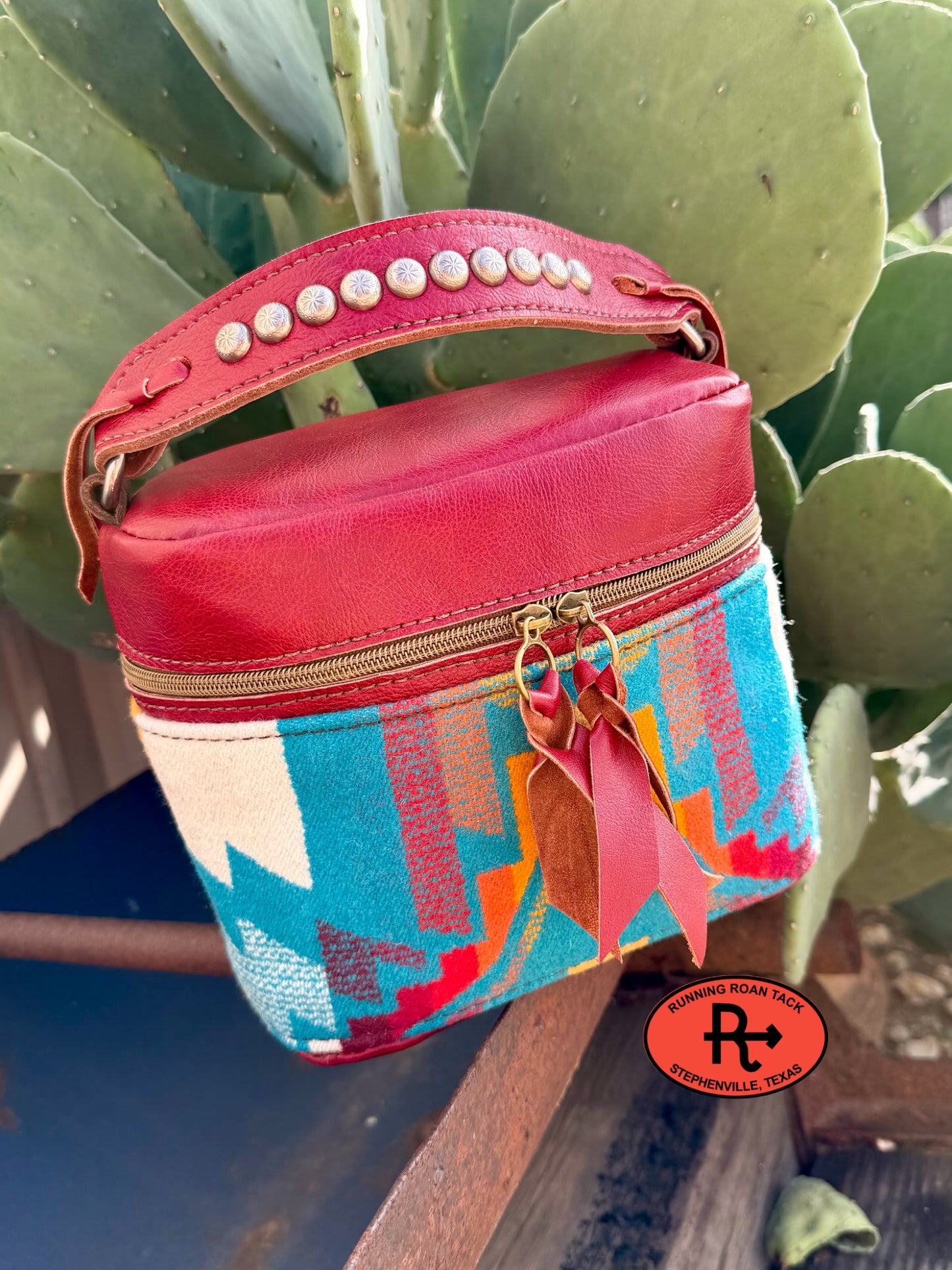 Scarlet Red Leather with Overall Turquoise Wool Train Case for Makeup, Toiletries, etc traincase07062026-12