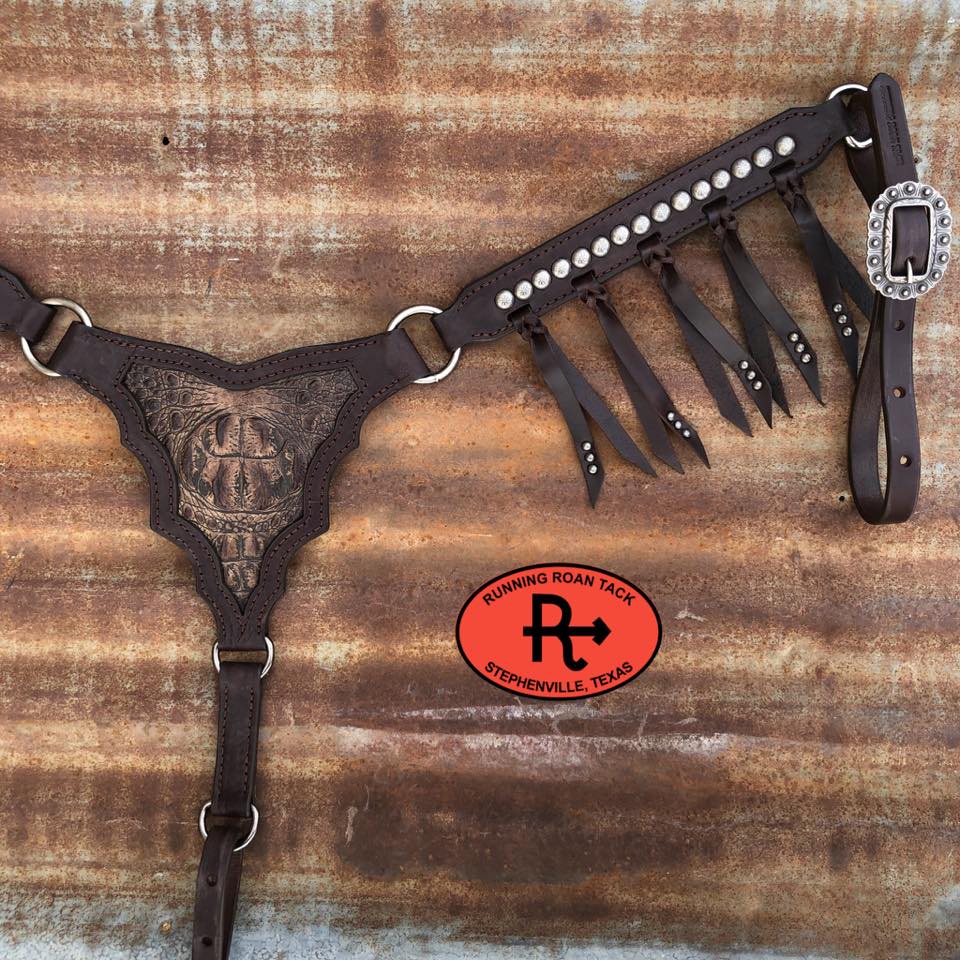Palomo Breast Collar with Dark Brown Croc and Tied Fringe