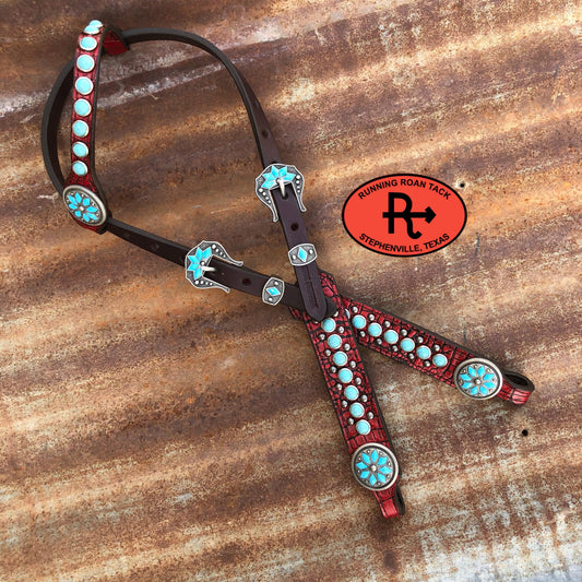 Red Croc Single Ear Standard Size Headstall with Faux Turquoise Stones