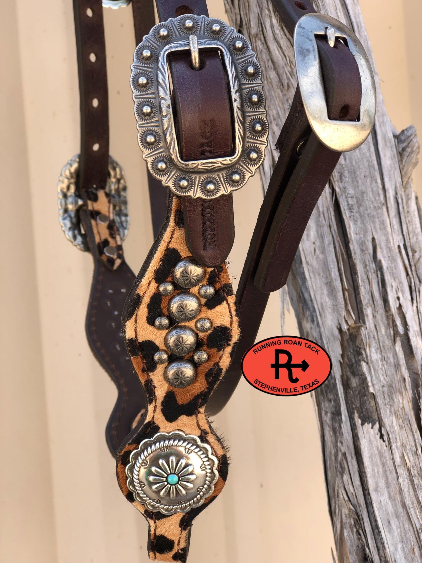 Leopard Hair On Hide Browband Short Cheek Headstall with Dots