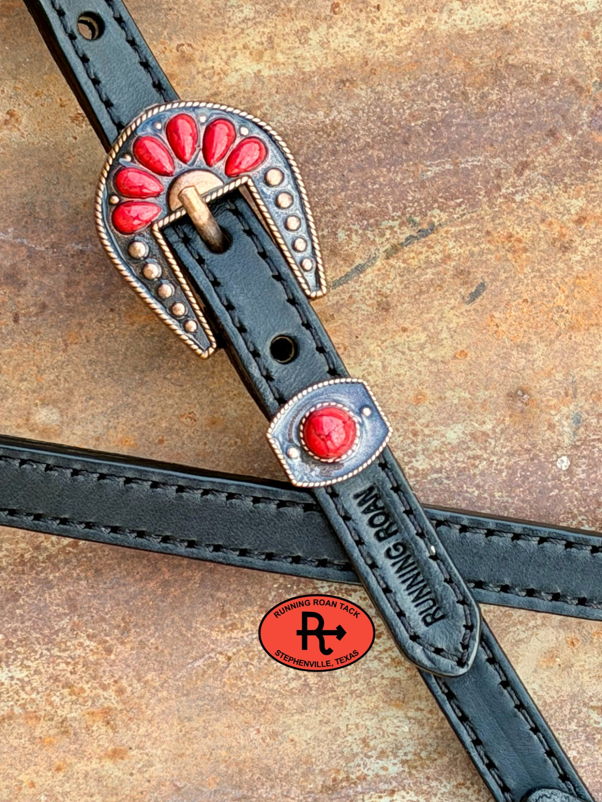 Black Single Ear Single Buckle Headstall with Red Quick Change Pineapple Knots and Red Cabochon Hardware 38”-43” Headstall10052026-24