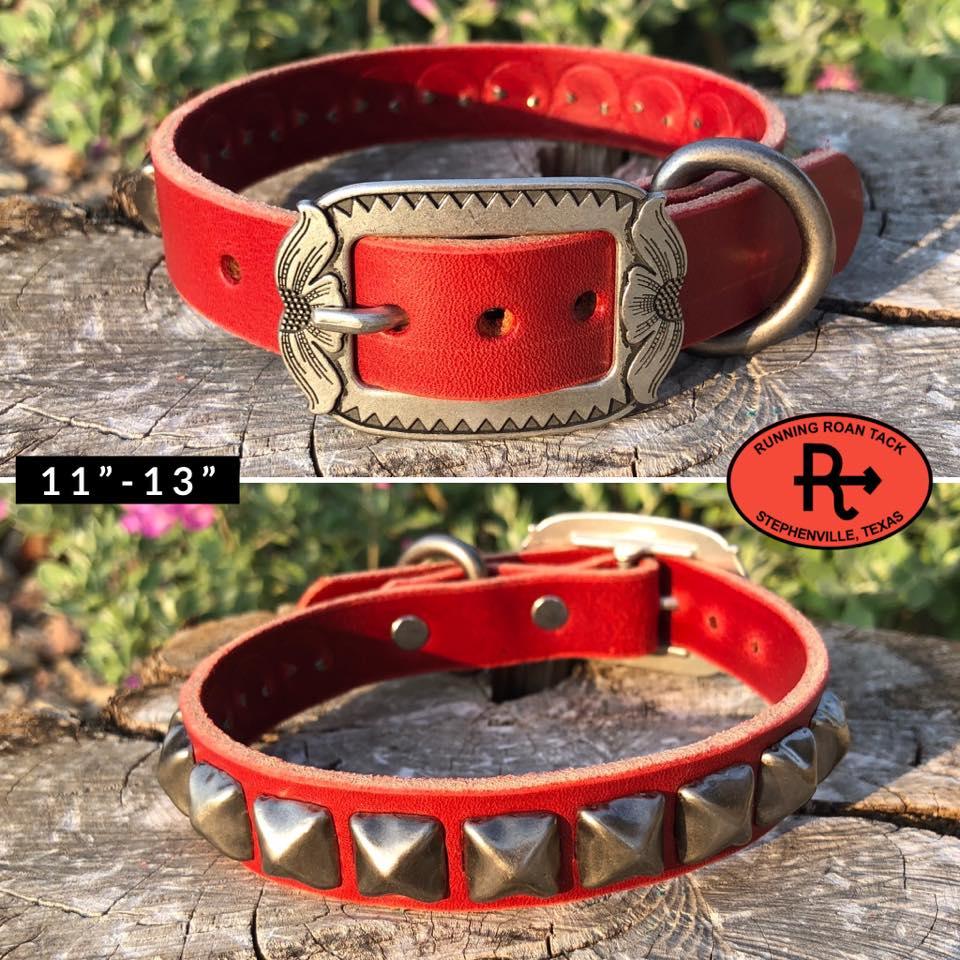 11"-13" Dog Collar 3/4" Wide Red Leather with Antique Silver Buckle and Pyramid Dots