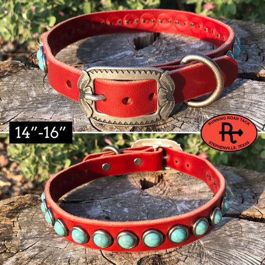 14"-16" Dog Collar 3/4" Wide Red Leather with Antique Silver Buckle and Turquoise Dots