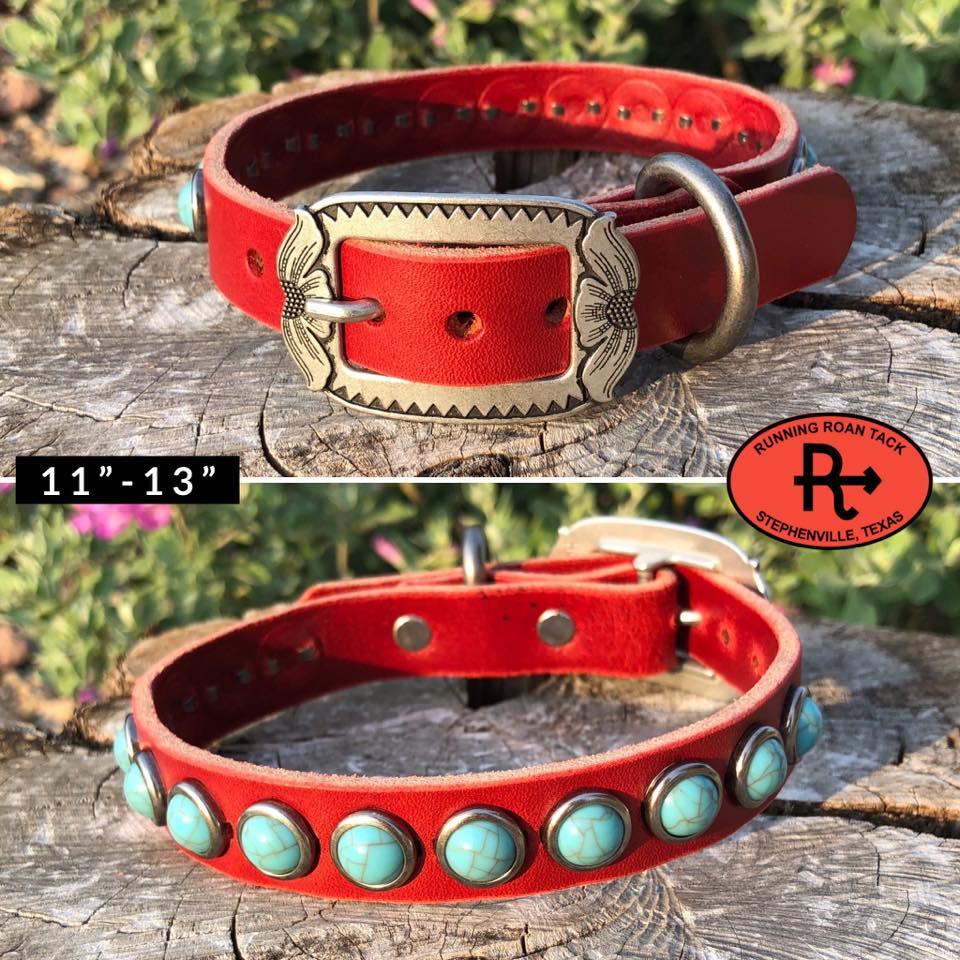 11"-13" Dog Collar 3/4" Wide Red Leather with Antique Silver Buckle and Turquoise Dots