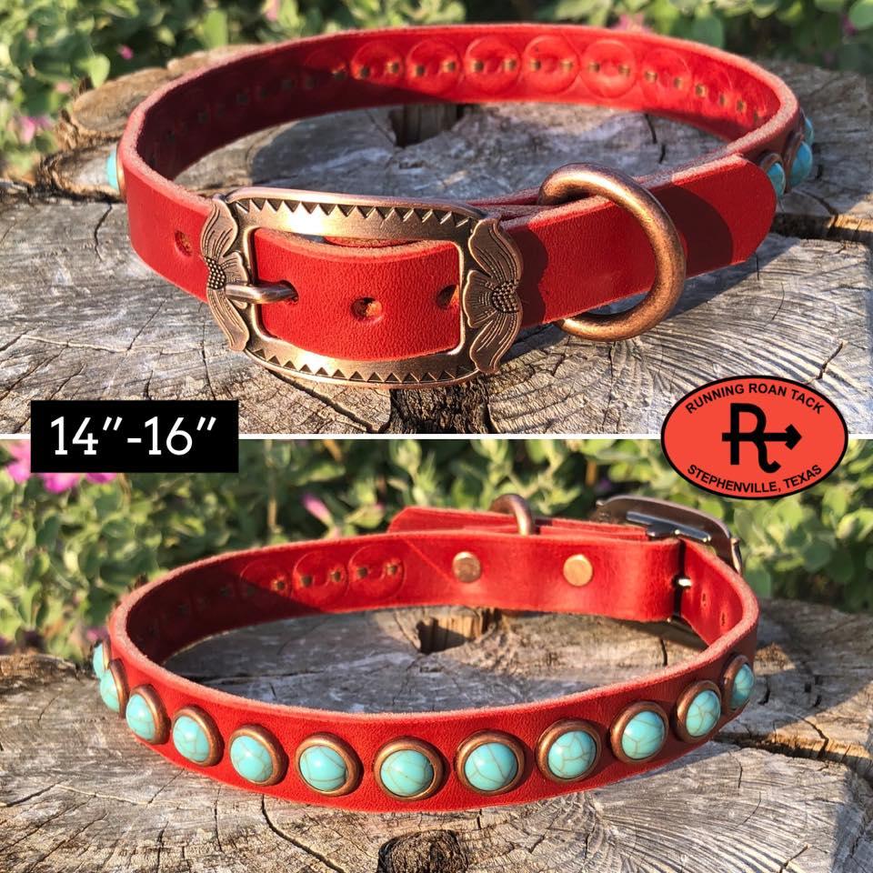 14"-16" Dog Collar 3/4" Wide Red Leather with Copper Buckle and Turquoise Dots