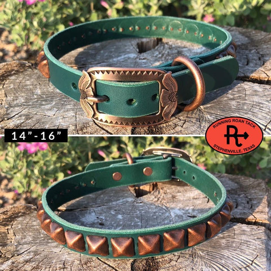 14"-16" Dog Collar 3/4" Wide Turquoise Leather with Copper Buckle and Pyramid Dots