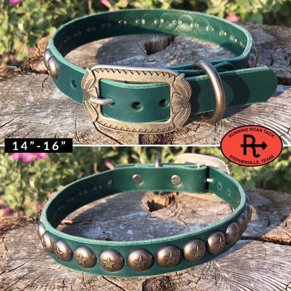 14"-16" Dog Collar 3/4" Wide Turquoise Leather with Antique Silver Buckle and Star Dots