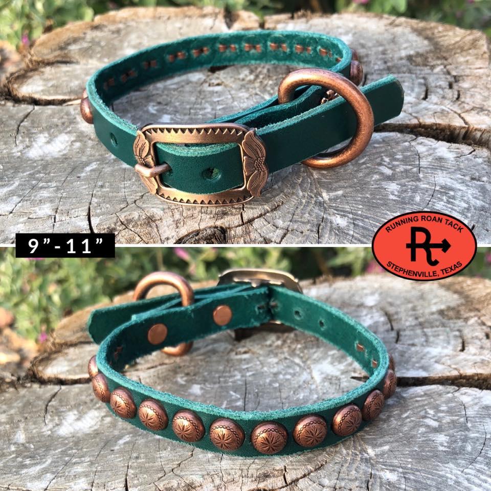 9"-11" Dog Collar 1/2" Wide Turquoise Leather with Copper Buckle and Dots