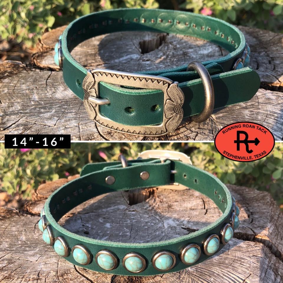 14"-16" Dog Collar 3/4" Wide Turquoise Leather with Antique Silver Buckle and Turquoise Dots