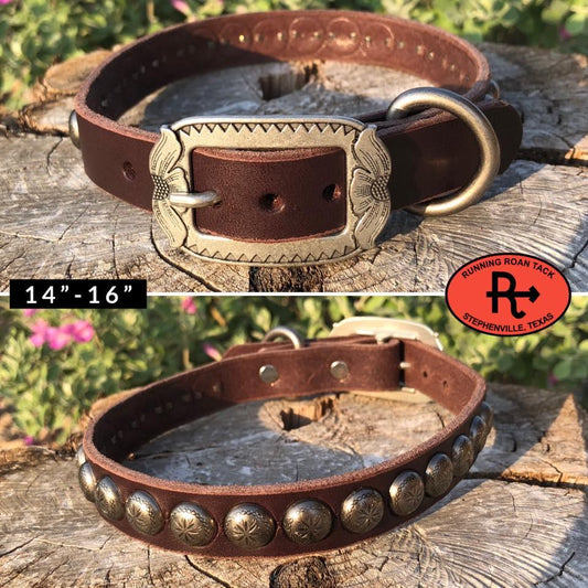 14"-16" Dog Collar 3/4" Wide Chocolate Leather with Antique Silver Buckle and Sunburst Dots