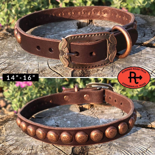 14"-16" Dog Collar 3/4" Wide Chocolate Leather with Copper Buckle and Sunburst Dots