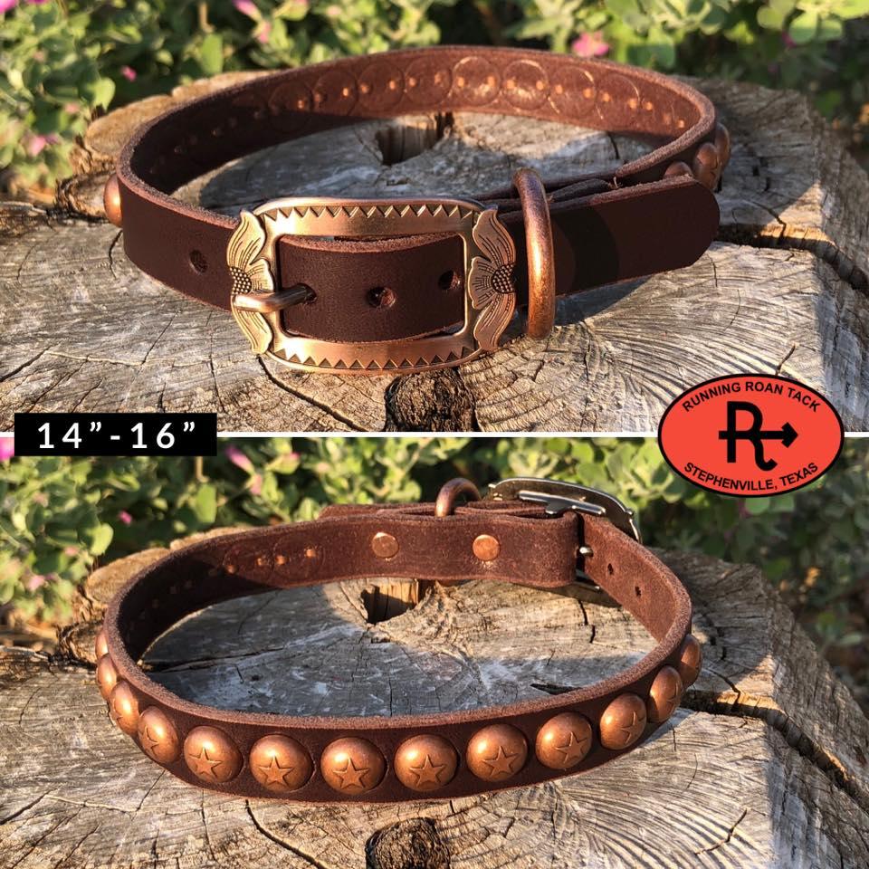 14"-16" Dog Collar 3/4" Wide Chocolate Leather with Copper Buckle and Star Dots