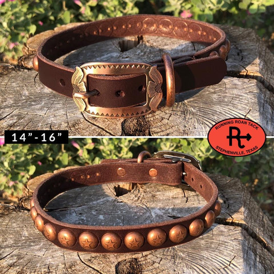 14"-16" Dog Collar 3/4" Wide Chocolate Leather with Copper Buckle and Star Dots